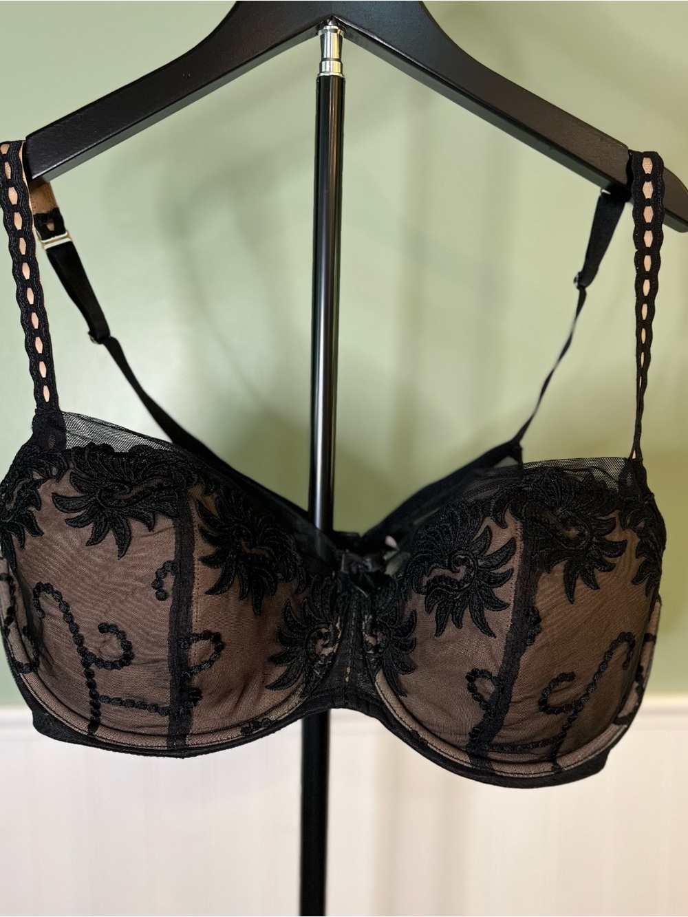 Cacique Black Lined Sheer Embroidered Balconette Boost Bra. Size 42D